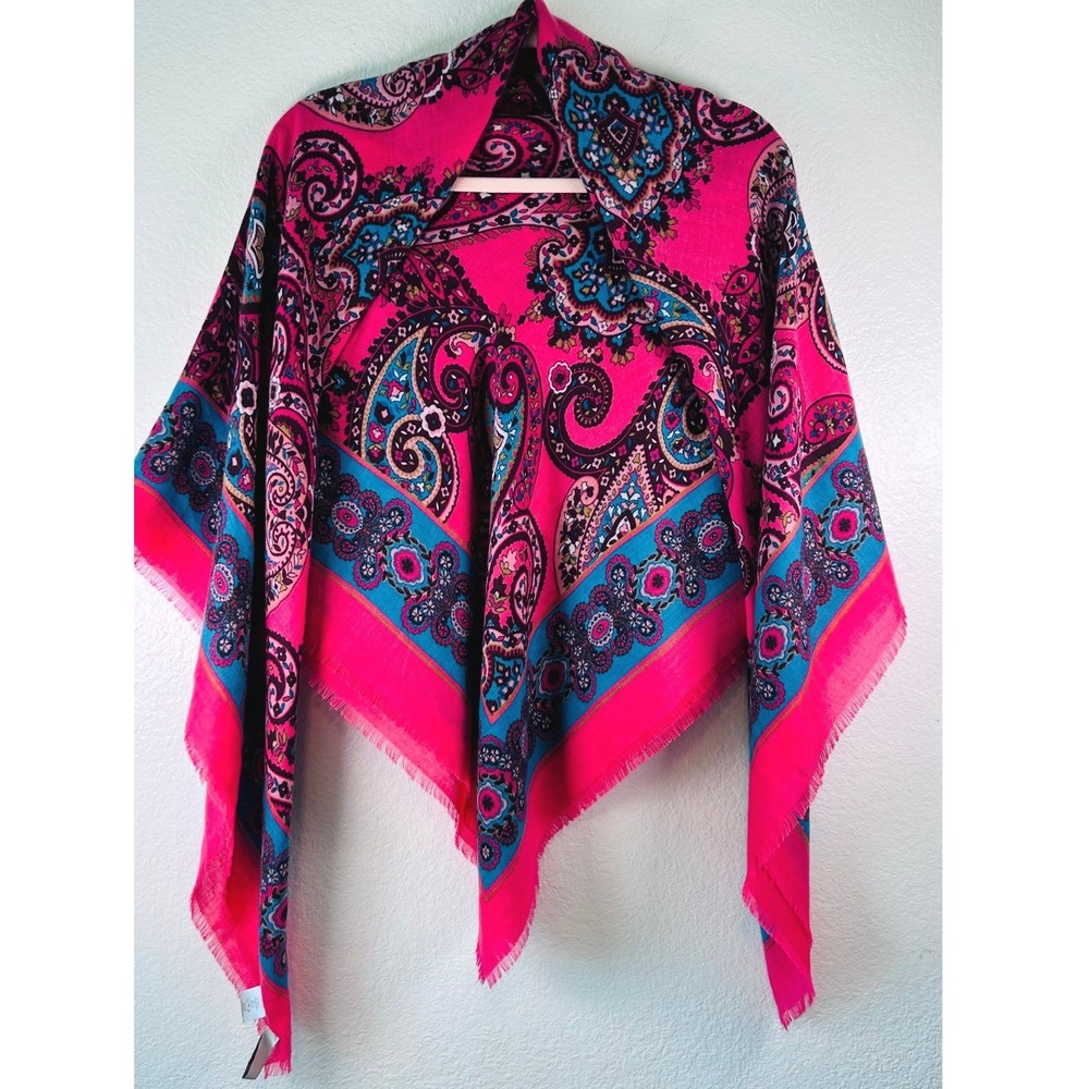 Pink Paisley Square Scarf Turquoise Blue Bohemian Beachy Eyelash Fringe